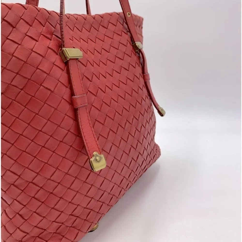 Auth Bottega Veneta Red Intrecciatp Napa Leather Tote Shoulder Bag Preloved